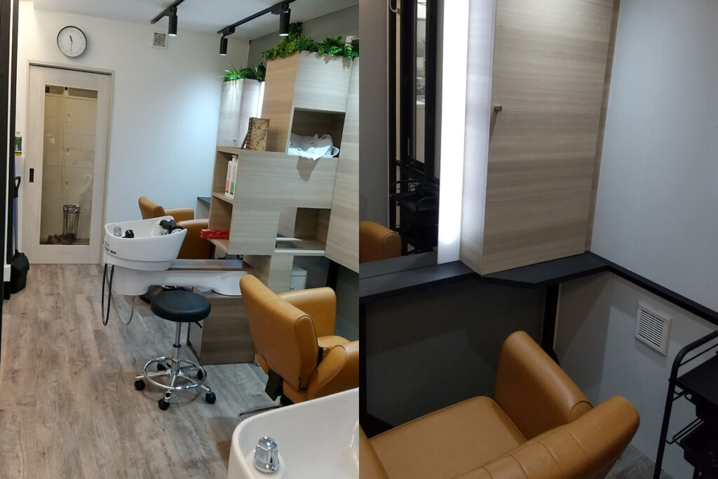 トレーラーハウス美容室の店内。シャンプー台とセット面を備えたコンパクトで快適なヘアサロン空間